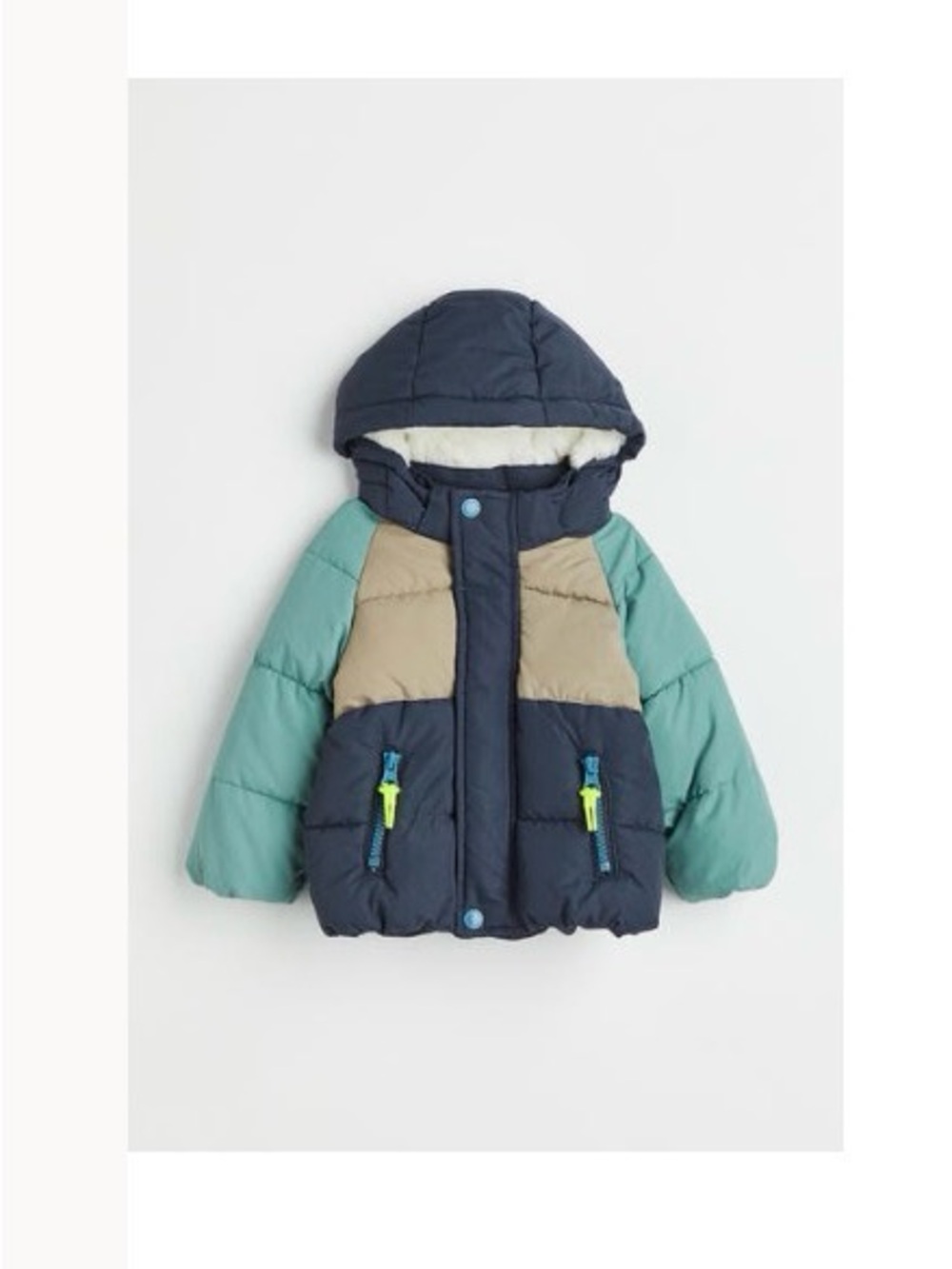 H&M Colorblock Hooded Puffer Jacket - Navy, Teal & Tan
